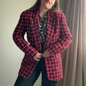 Vintage 80s Nordstrom Plaid Nubby Boucle Chunky Knit One Button Blazer Size S/M